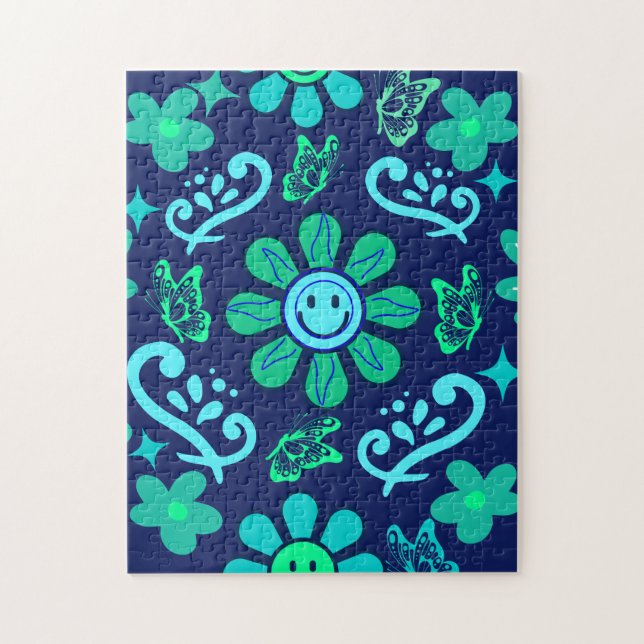 Blå Retro Stil Blommig och Sol Symbol Mönster Pussel (Vertikal)