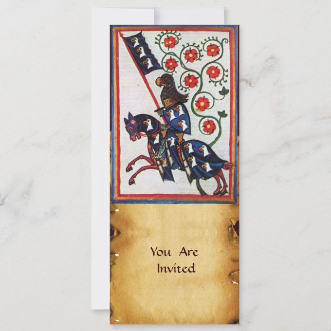 BLÅ RIDDAR TILL HÄST MEDELTIDA PERGAMENT INBJUDNINGAR (Framsida)