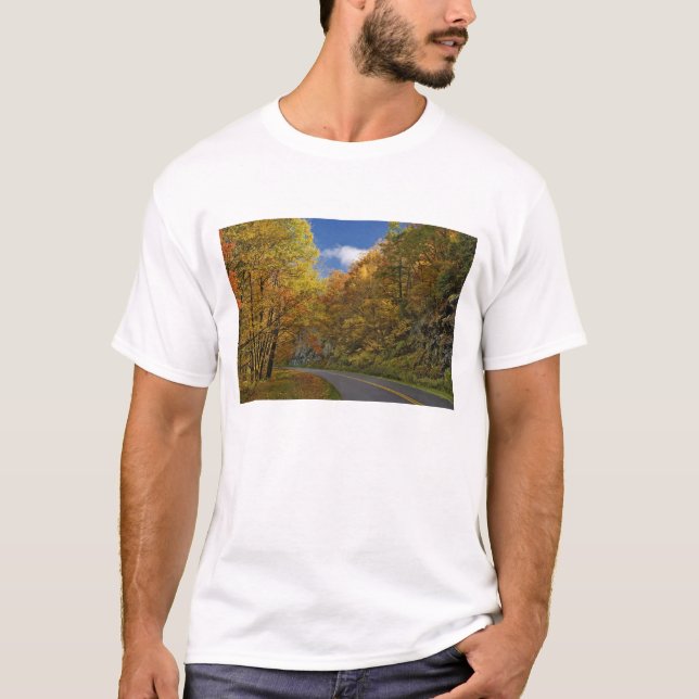 Blå Ridge Parkway-kurva genom hösten färger T-shirt (Framsida)