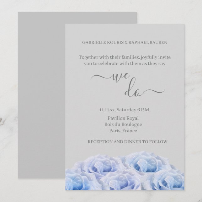 Blå riktiga Ro Flowers Grått Elegant Vi gör Bröllo Inbjudningar (Fram/baksida)