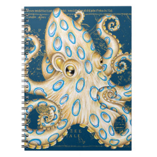 Blå Ring Octopus Indigo Vintage Karta Anteckningsbok