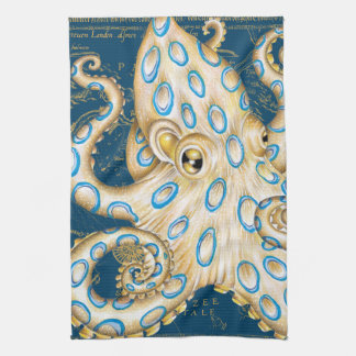 Blå Ring Octopus Indigo Vintage Karta Kökshandduk
