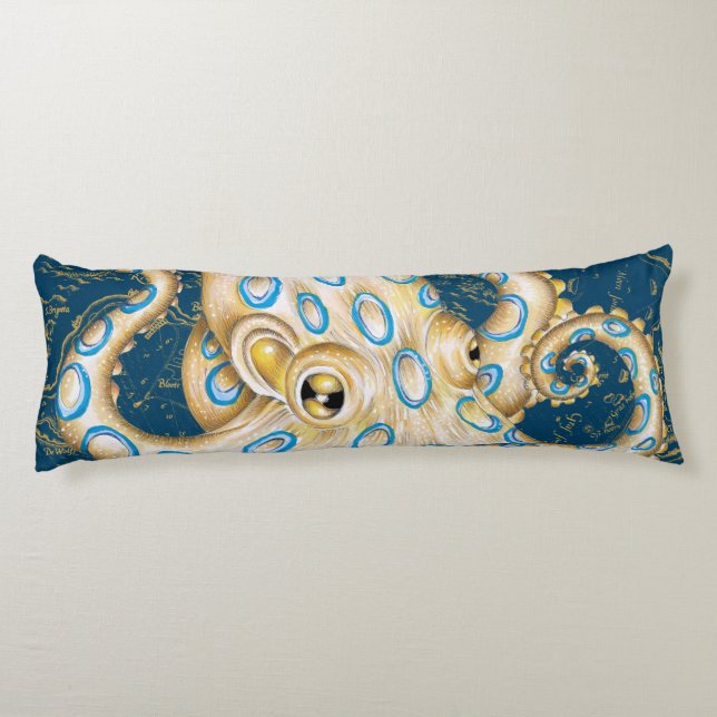 Blå Ring Octopus Indigo Vintage Karta Kroppskudde (Baksidan)