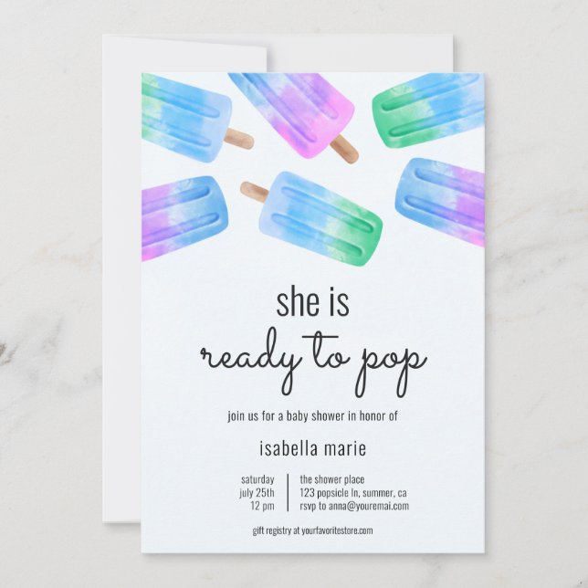 Blå rispinne redo att poppa baby shower inbjudningar (Framsida)