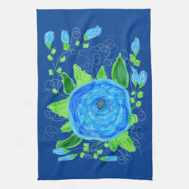 Blå Ro-blommade Tea Towel Kökshandduk (Vertikal)