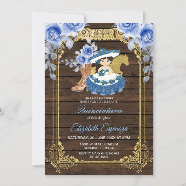 Blå Ro-blommor av trä (mexikanska Quinceanera Blue Inbjudningar (Framsida)