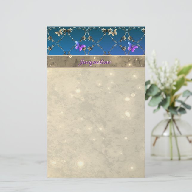 Blå Ro Butterflies w/Namn Stationery Brevpapper (Stående Fram)