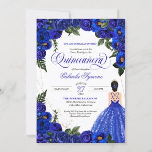 Blå Ro & Guld Finare Boll Gown Quinceanera Inv. Inbjudningar