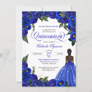 Blå Ro & Guld Finare Boll Gown Quinceanera Inv. Inbjudningar
