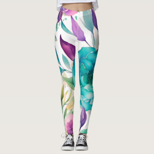 Blå Ro Lila vattenfärgsblommor Leggings