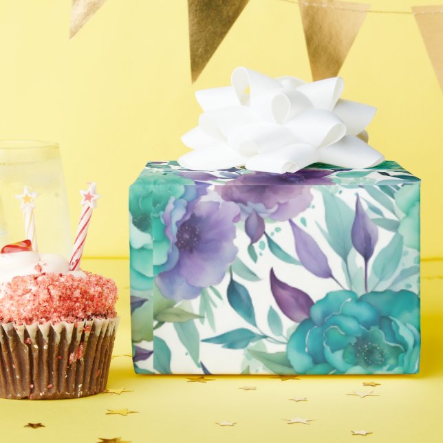 Blå Ro Lila vattenfärgsblommor Presentpapper (Födelsedagsfest)