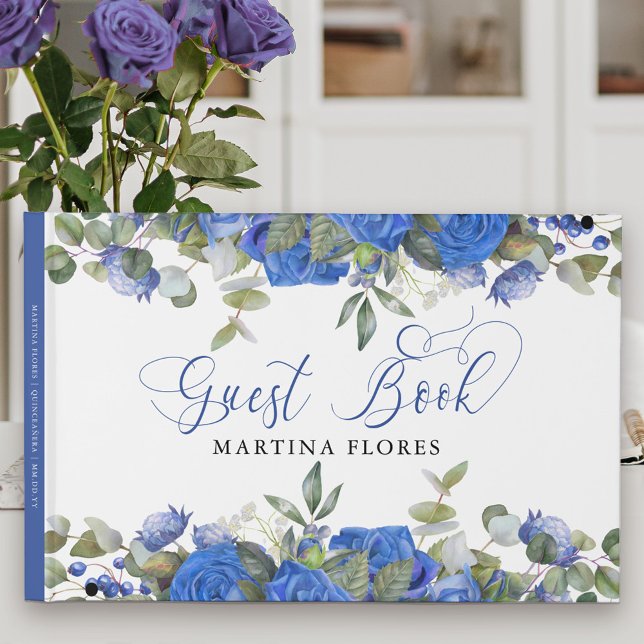 Blå Ro och Eucalyptus Elegant Blommigt Gästböcker (Blue floral Guest Book with elegant calligraphy. Lovely keepsake .. easy to customize for any event.)