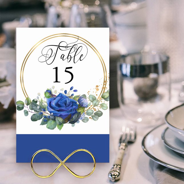 Blå Ro och Eukalyptus Guld Ram Bordsnummer (Elegant Table Number set in a gold frame with blue rose floral arrangement )