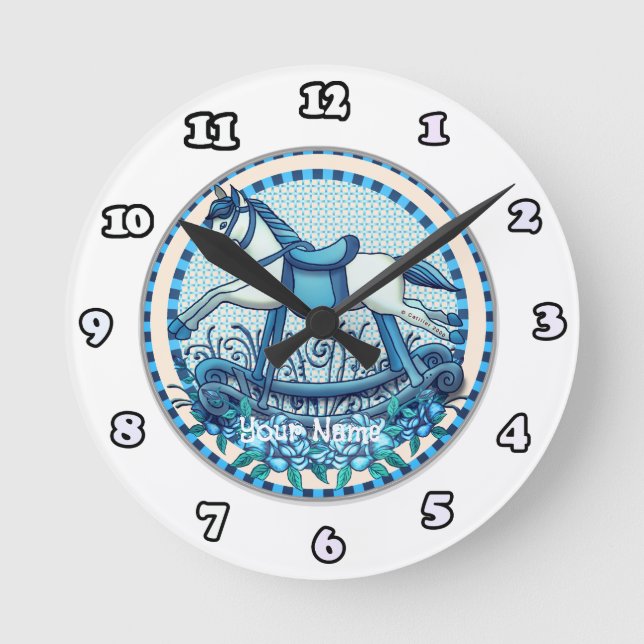 Blå Ro Rocking Horse-klocka Rund Klocka (Framsida)
