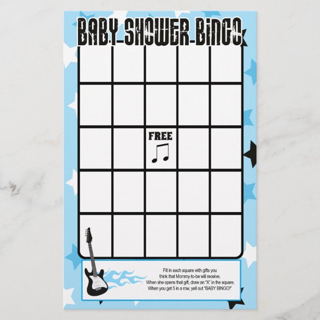 Blå Rockstjärna Baby Shower Bingo-spel (Framsida)