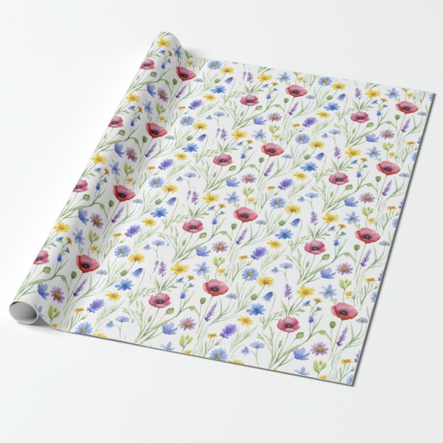 Blå Röd Akvarell Vildblomma Presentpapper (Utrullad)