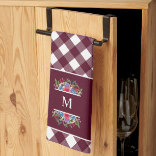 Blå röd blomma Bouquets Burgundy Plaid Monogram  Kökshandduk