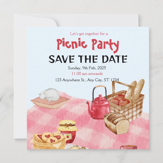 Blå Röd Blommig Picknick Party Spara Datum Kort (Framsida)