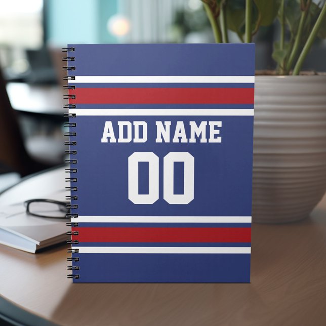 Blå röd fotboll Jersey-nummer Anteckningsbok Med Spiral (Personalized notebook with Sports Jersey Football Design - Custom Name and Other Text)