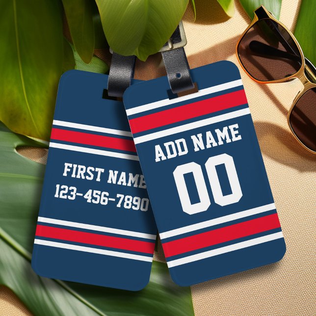 Blå röd fotboll Jersey-nummer Bagagebricka (Personalized Sports Luggage Tag - Football Jersey Theme)