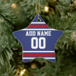 Blå röd fotboll Jersey-nummer Julgransprydnad Keramik<br><div class="desc">Red and White färg — Om du äger ett fantasy Football team,  gör dina egna produkter och visa upp för dina vänner! Eller - spelar du High School Football och vill ha ett PM? Den här idiotiska designen är perfekt för alla som leker sport.</div>