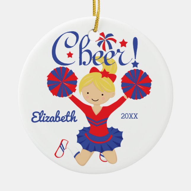 Blå & Röd Glädje Blond Cheerleader Ornament (Framsidan)