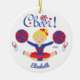 Blå Röd Glädje Blond Cheerleader Personlig Julgransprydnad Keramik