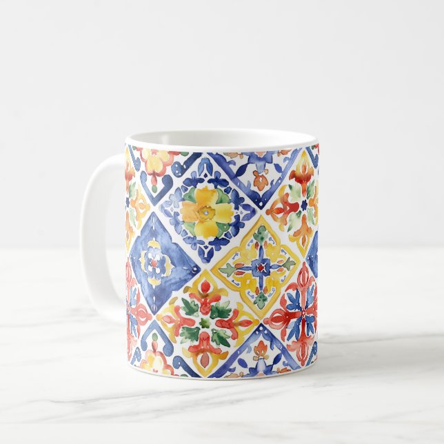 Blå Röd Gul Blommig Abstrakt Cinco de Mayo Kaffemugg (Framsida vänster)