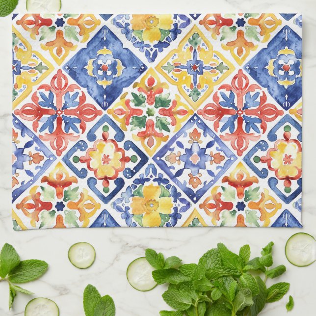 Blå Röd Gul Blommig Abstrakt Cinco de Mayo Kökshandduk (Vikta)