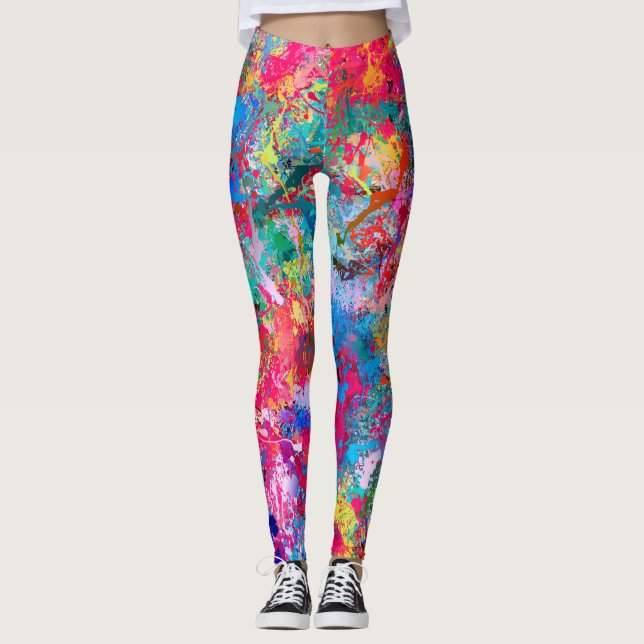 Blå röd Gult Grönt Rosa Teal Stänk Abstraction Leggings (Framsida)