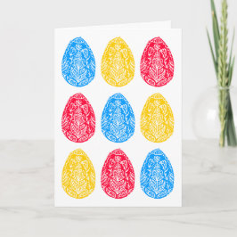 Blå/röd/Gult, Rustic Blommigt Påskägg Linocut Kort