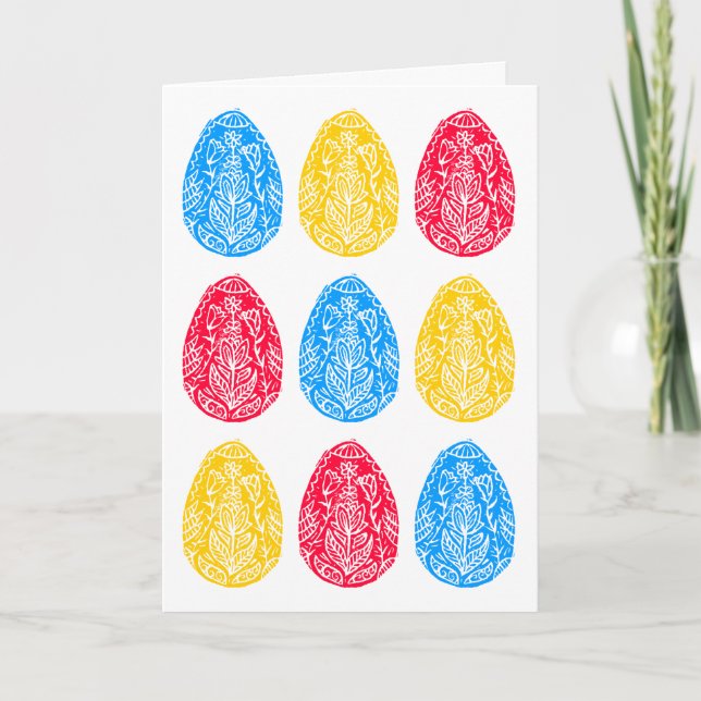 Blå/röd/Gult, Rustic Blommigt Påskägg Linocut Kort (Framsida)