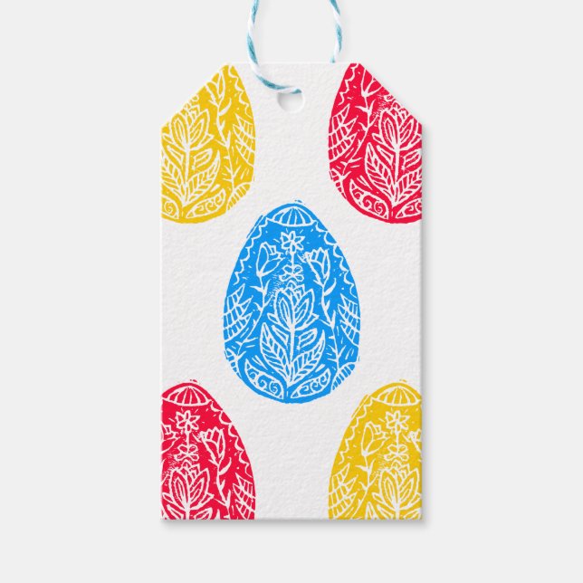 Blå/röd/Gult, Rustic Blommigt Påskägg Linocut Presentetikett (Framsidan)
