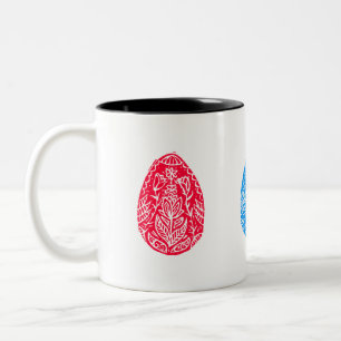 Blå/röd/Gult, Rustic Blommigt Påskägg Linocut Två-Tonad Mugg