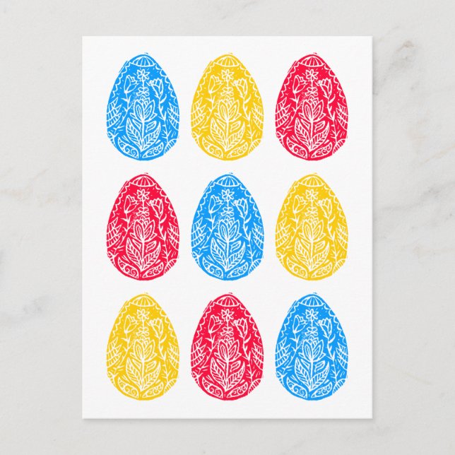 Blå/röd/Gult, Rustic Blommigt Påskägg Linocut Vykort (Framsida)
