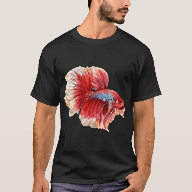 Blå-Röd kampfisk akvarell T Shirt (Framsida)