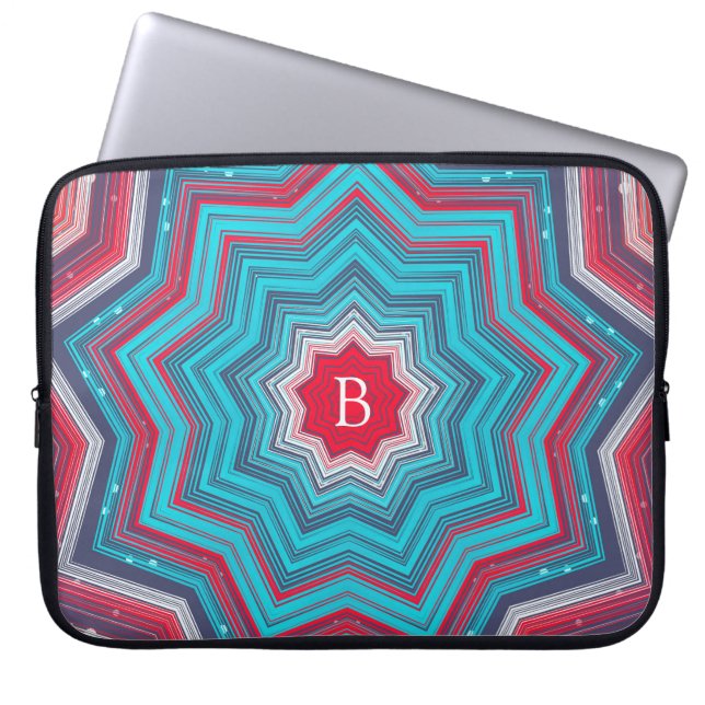 Blå & Röd Mandala Rosett Mönster Monogram Laptop Fodral (Framsidan)