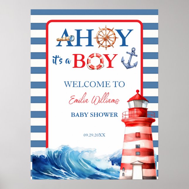 Blå Röd Marin Ahoj Pojke Fyrtorn Baby Shower Poster (Framsidan)