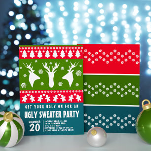 Blå röd och Grönt Renar Ugly Sweater Party Inbjudningar