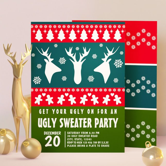 Blå röd och Grönt Renar Ugly Sweater Party Inbjudningar (Blue Red and Green Reindeer Ugly Sweater Party Invitation)