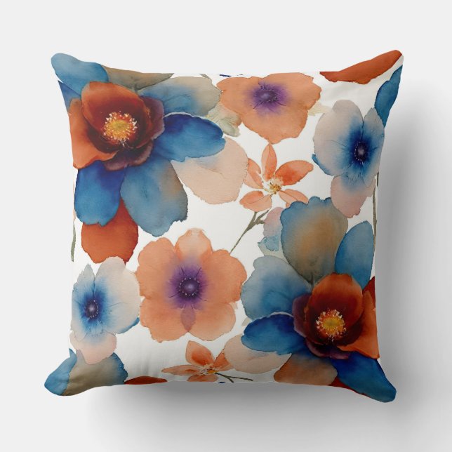 Blå, röd och orange Blommigt Kudde (Framsida)