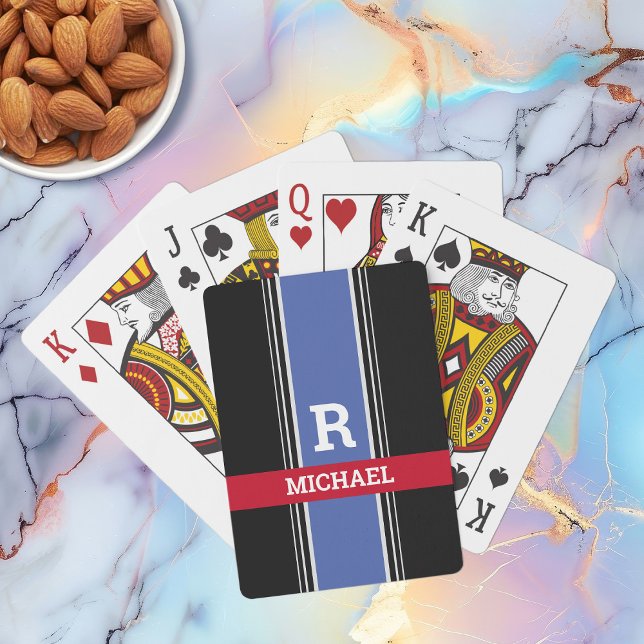 Blå röd och svart Rand, fet monogram och Namn Casinokort (Skapare uppladdad)