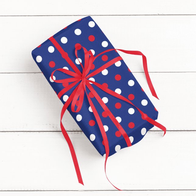 Blå Röd och Vit Prickig Presentpapper (Blue Red and White Polka Dot Wrapping Paper)