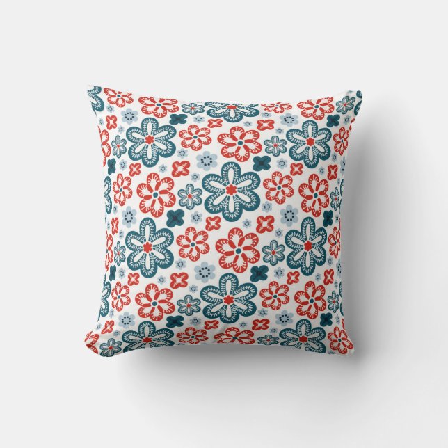 Blå, röd och vit, vismisk blomma motifs kudde (Framsida)