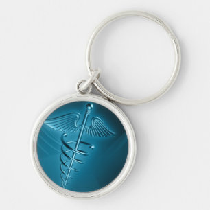 Blå Rod of Asclepius Rund Silverfärgad Nyckelring