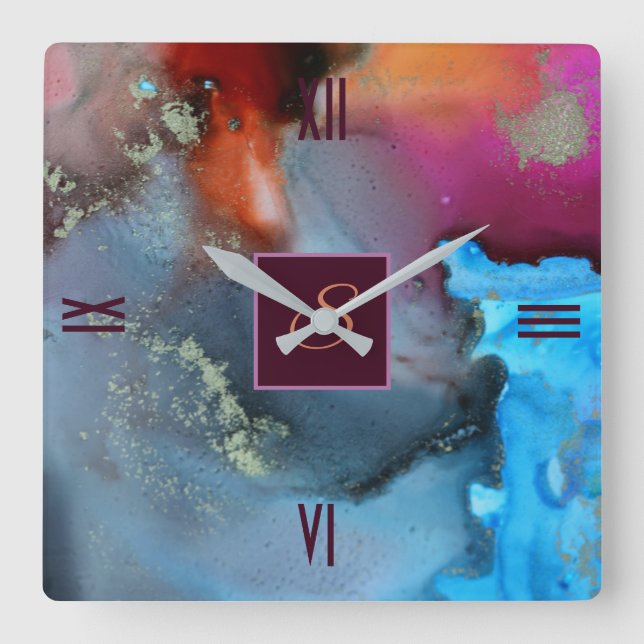 Blå röd Orange Abstrakt Vågar Monogram Fyrkantig Klocka (Framsida)