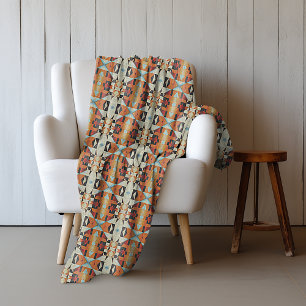 Blå Röd Orange Taupe Brun Svart Tribal konst Fleecefilt