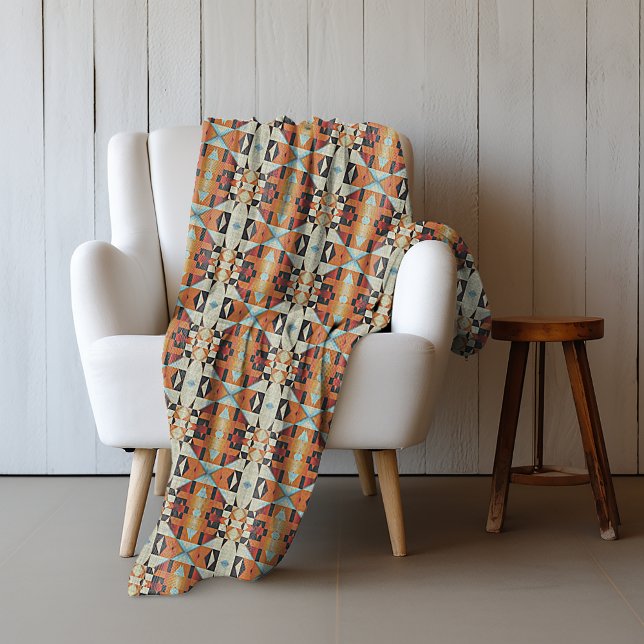 Blå Röd Orange Taupe Brun Svart Tribal konst Fleecefilt (Skapare uppladdad)