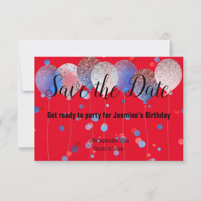 BLÅ RÖD PRICK BALLONG RÖD SAVE THE DATE OSA KORT (Framsida)