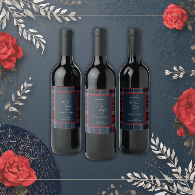 Blå röd svart-skotsk sartan mönster vinflaska etikett (Skapare uppladdad)